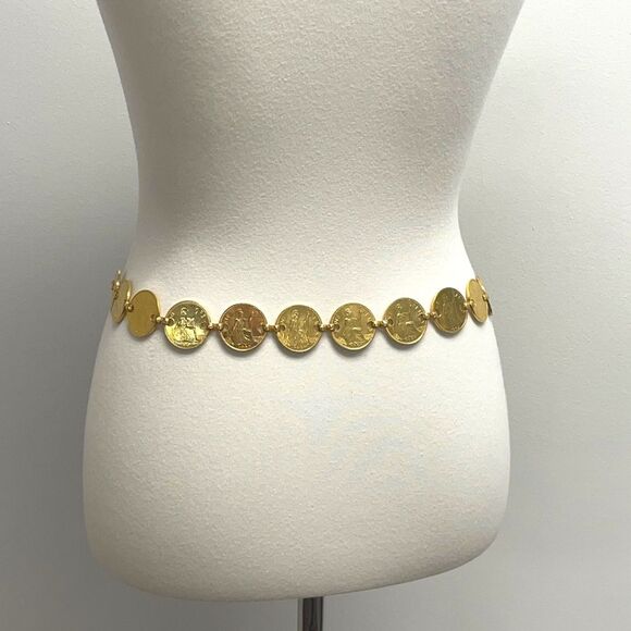 Vintage Queen Elizabeth II One Pense Coin Belt. Chain Coins belt Gold tone UK main image 7